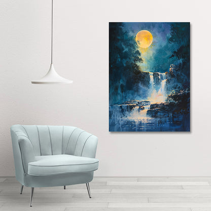 Moonlit waterfall landscape canvas painting peaceful nature wall art for living room decor