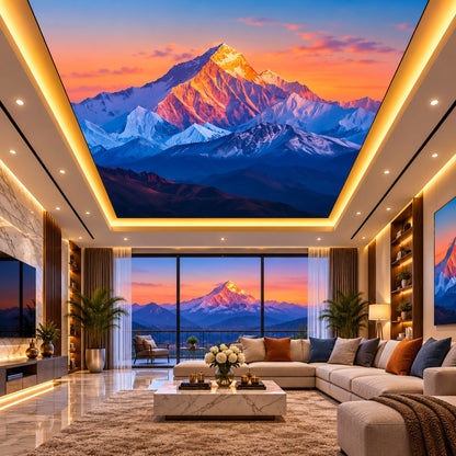 Illuminated recessed false ceiling featuring dramatic mountain artwork above a contemporary lounge