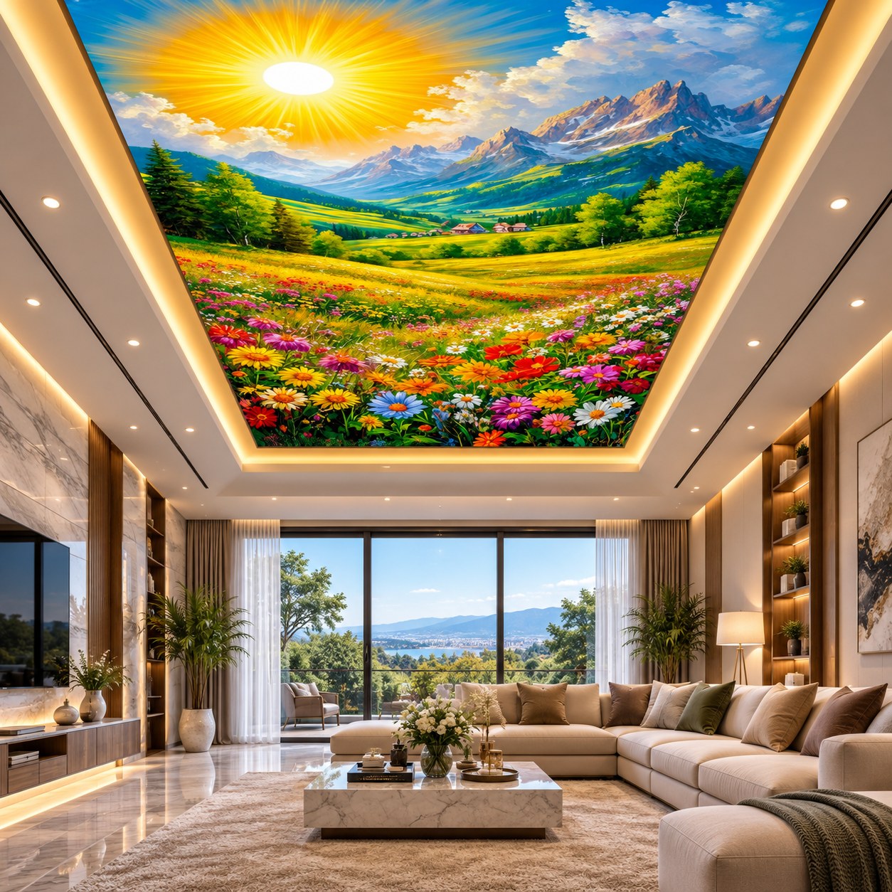 Recessed illuminated false ceiling featuring a floral mountain landscape above a modern living room