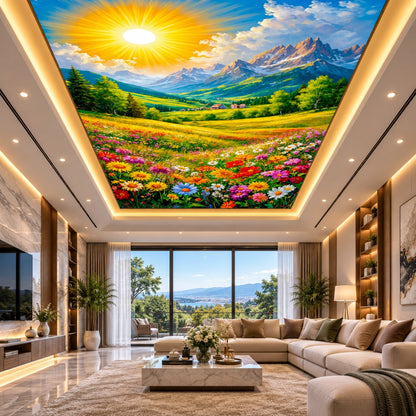 Recessed illuminated false ceiling featuring a floral mountain landscape above a modern living room