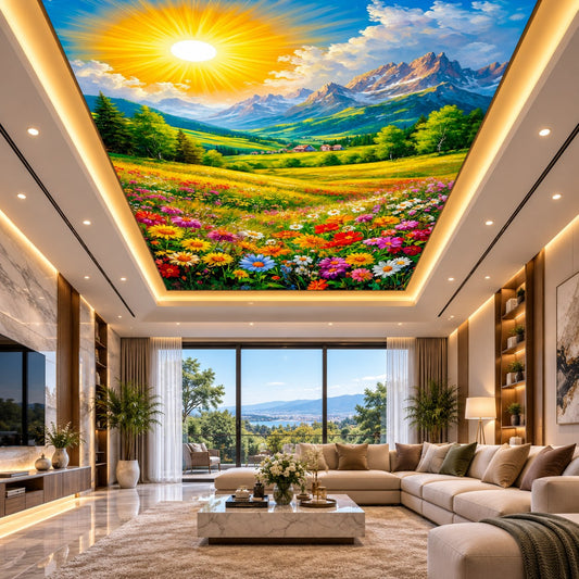 Recessed illuminated false ceiling featuring a floral mountain landscape above a modern living room