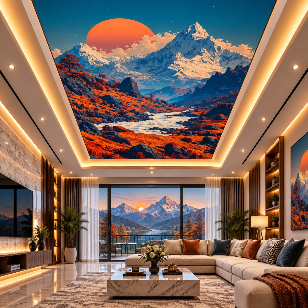 Recessed illuminated false ceiling featuring a dramatic alpine landscape above a modern living room
