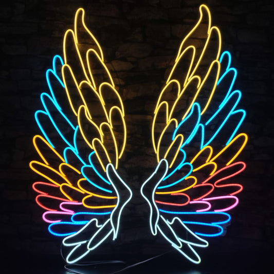 Multicolor Angel Wings Neon Light | Selfie Point Neon Light Neon light sculpture of angel wings on a dark background