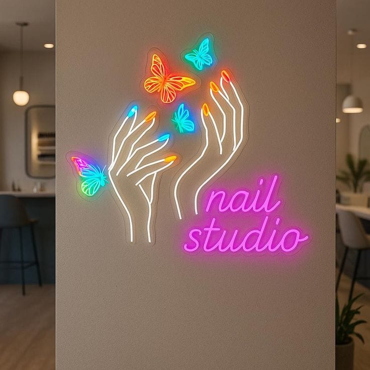 Nail Studio Neon Sign | Custom Neon Sign | Neon for Makeup Studio (24 By 24 Inches) Neon sign of hands and butterflies with 'nail studio' text on a wall.