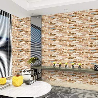 Non Adhesive Brick Design Wallpaper for Walls, Thick Wallcovering for Living Room, Bedroom Interiors (57sqft/Per roll) Modern interior design with brick-patterned wallpaper, a coffee table, and decorative items.
