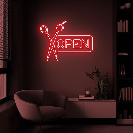 Open Scissor Neon Sign | Custom Neon Sign | Neon for Salon Decoration Sign  Neon sign with scissors and 'OPEN' text in a dimly lit room.