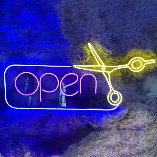 Open Scissor Salon Neon Sign | Custom Neon Sign | Neon for Salon Neon sign with scissors and 'open' text on a textured blue background