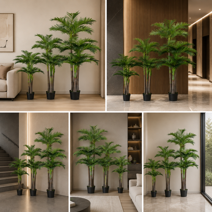 Real Touch Artificial Areca Palm Tree 12 Ft Set of 3 with Decorative Pots for Luxury Interiors