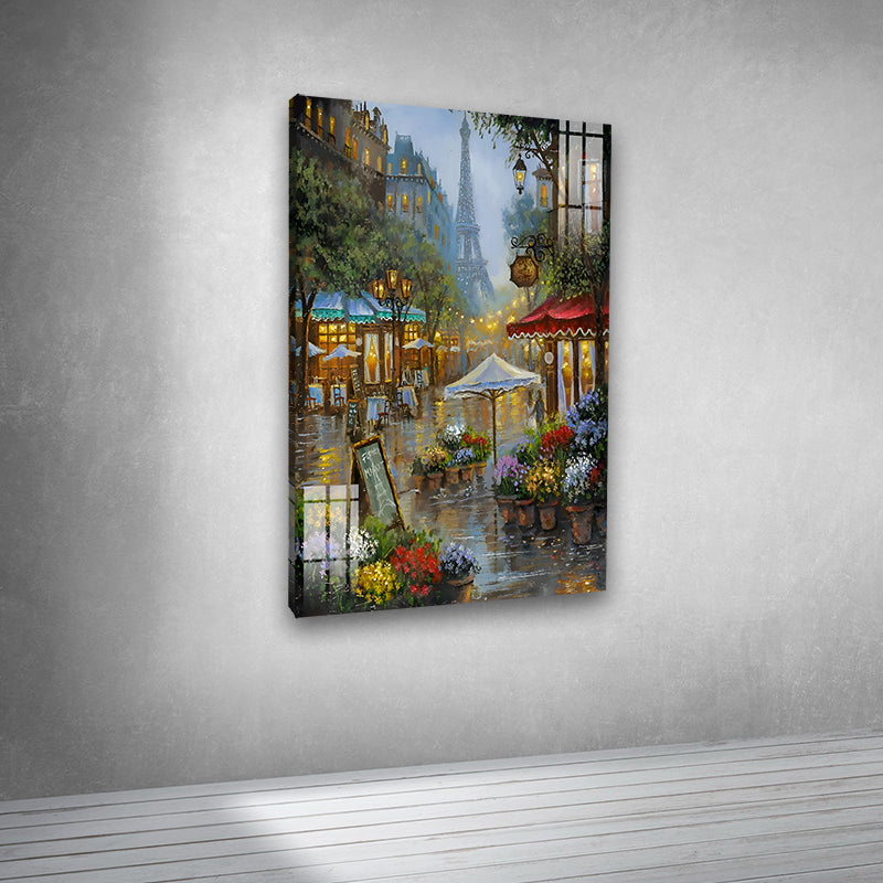 Painting Frame Paris Flower Market City Landscape Modern Wall Art for Wall Decor | Big Large Size Canvas Painting Frame (24x36 Inches) Canvas print of a Parisian street scene with Eiffel Tower in the background, displayed on a wall.