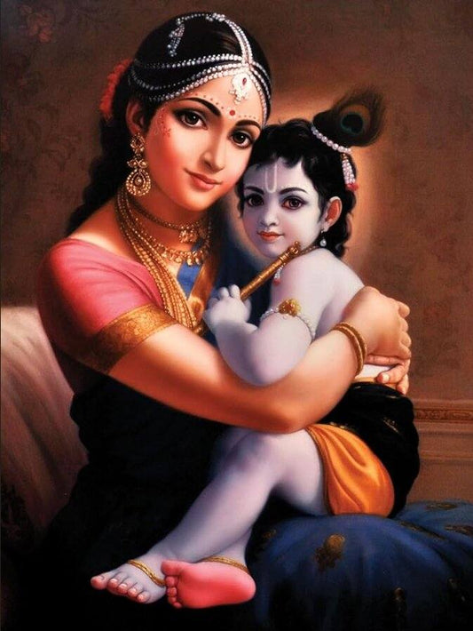 Peaceful Bal Gopal with Mother Painting for Kids Room  Painting of a woman holding a child with traditional jewelry and attire.