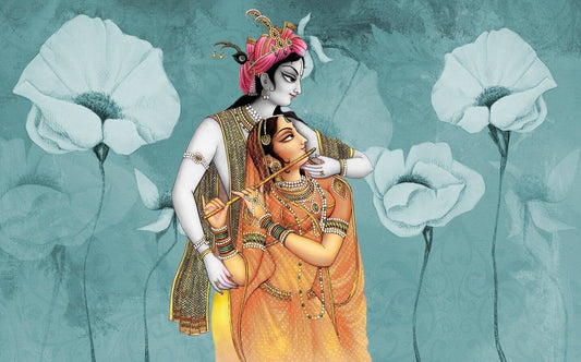 Peaceful Wall Art | Radha Krishna Canvas Print for Living Room Illustration of a couple in traditional attire with flowers in the background