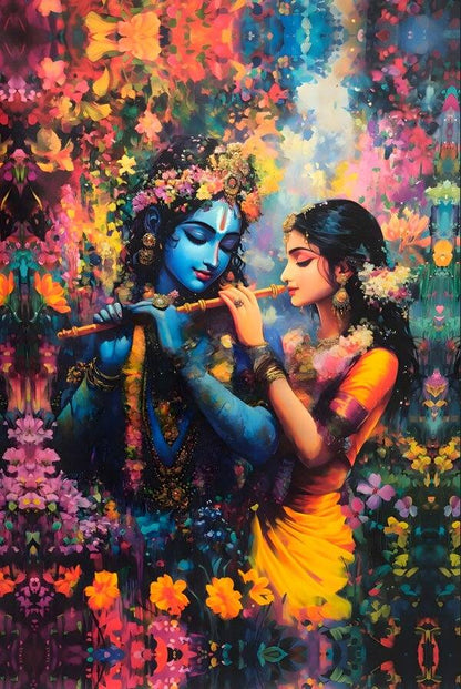 Peel & Stick Radha Krishna Decor | Self Adhesive Temple Wallpaper Colorful depiction of a divine couple playing music amidst flowers