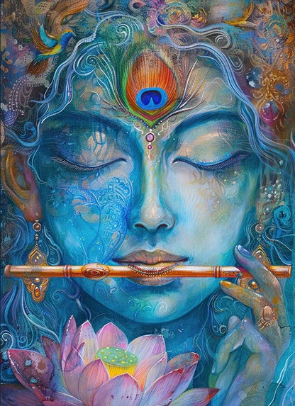 Peel Stick Radha Krishna Face Wallpaper | For Living Room  Artistic depiction of a divine figure with peacock feather and lotus flowers