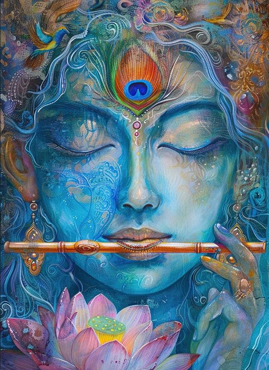 Peel Stick Radha Krishna Face Wallpaper | For Living Room  Artistic depiction of a divine figure with peacock feather and lotus flowers