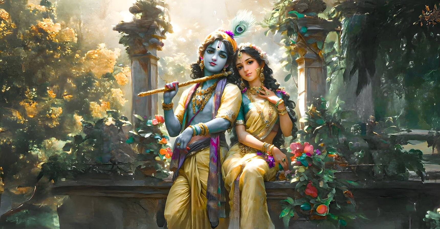 Peel Stick Wall Wrap | Radha Krishna Adhesive Vinyl Wallpaper Two figures in traditional attire sitting together in a garden setting with flowers and columns.