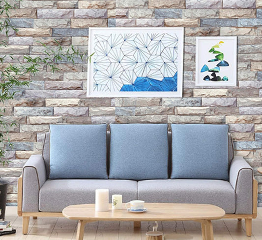Peel and Stick Wallpaper, Self Adhesive DIY Wall Sticker for Bedroom Hall Living Room Kitchen Home & Office, PVC Coated & Waterproof Surface Scratch Resistant – 45 x 300cm Gray sofa with blue cushions against a stone wall with two framed artworks.