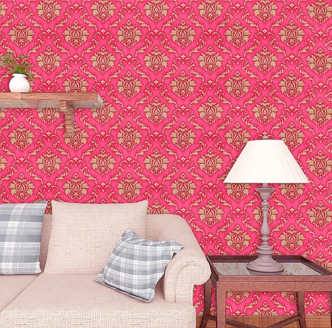 Peel and Stick Wallpaper, Self Adhesive DIY Wall Sticker for Bedroom Hall Living Room Kitchen Home & Office, PVC Coated & Waterproof Surface Scratch Resistant – 45 x 300cm Red Living room with pink patterned wallpaper, beige sofa, and lamp.