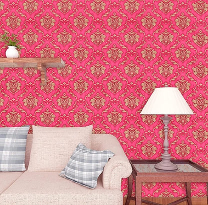 Peel and Stick Wallpaper, Self Adhesive DIY Wall Sticker for Bedroom Hall Living Room Kitchen Home & Office, PVC Coated & Waterproof Surface Scratch Resistant – 45 x 300cm Red Living room with pink patterned wallpaper, beige sofa, and lamp.