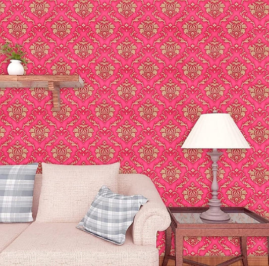 Peel and Stick Wallpaper, Self Adhesive DIY Wall Sticker for Bedroom Hall Living Room Kitchen Home & Office, PVC Coated & Waterproof Surface Scratch Resistant – 45 x 300cm Red Living room with pink patterned wallpaper, beige sofa, and lamp.