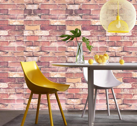 Peel and Stick self Adhesive Luxury Wall Stickers DIY Wallpaper for Living Room, Bedroom, Office Easy to Stick PVC Waterproof Scratch Resistance for Home décor 45 cm x 300 cm Brick Dining area with a brick wall background, yellow chair, white table, and decorative elements.