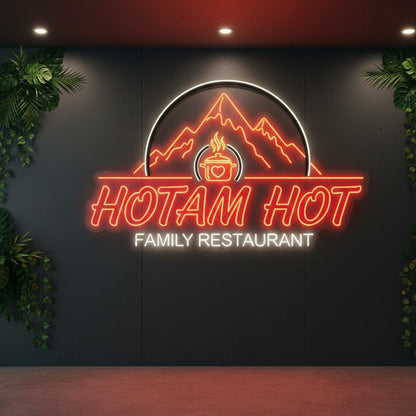 Personalised Neon Sign for Names & Logos | Stylish Custom Neon Light Decor Neon sign for Hotam Hot Family Restaurant with mountain design on a dark wall.