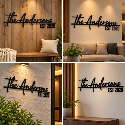 Custom surname wall decor with black lettering spelling the family name and establishment year, styled above a living room sofa and on modern interior walls.