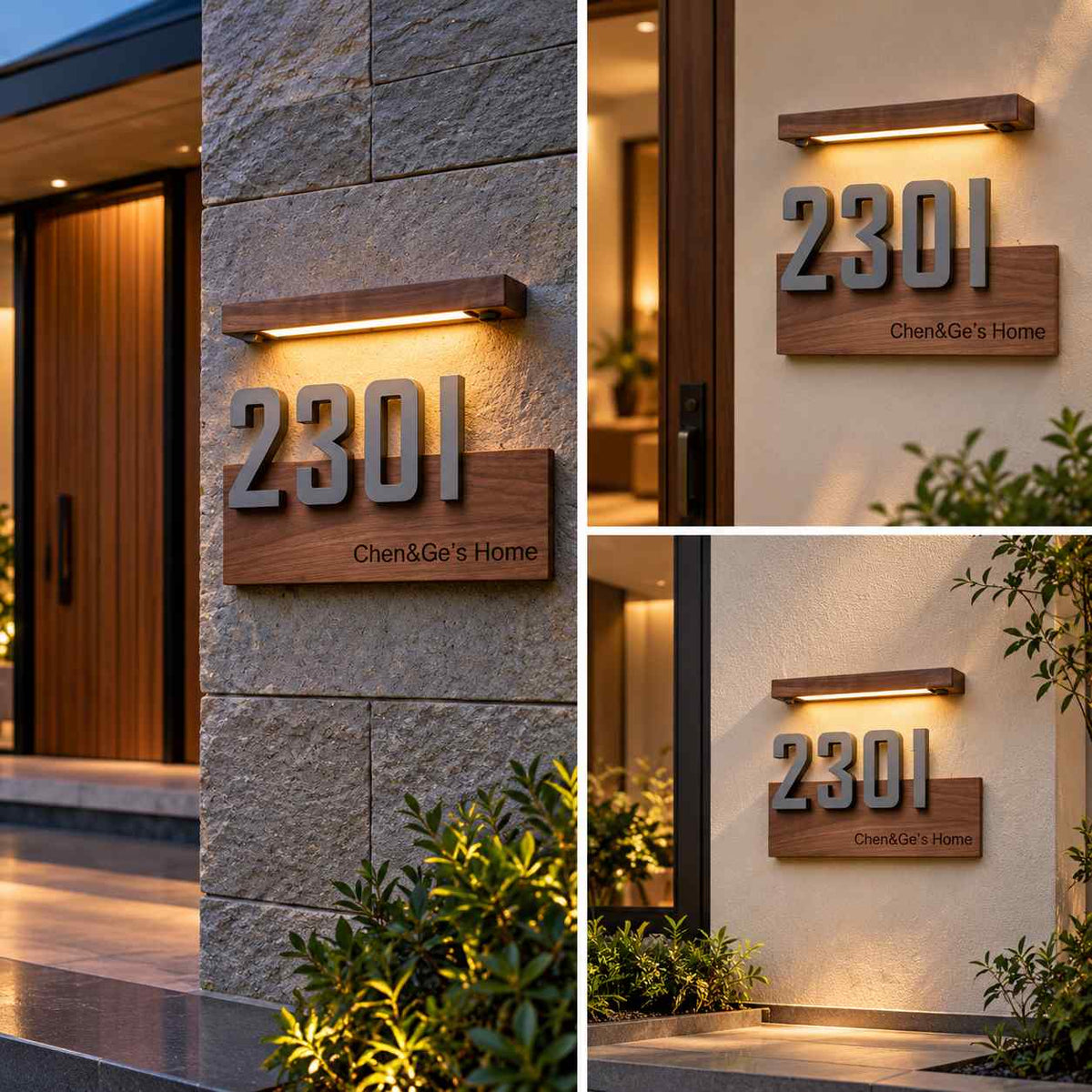 Modern illuminated house number plaque with custom property name, raised address numbers and a wooden-style rectangular base beside a contemporary front entrance.