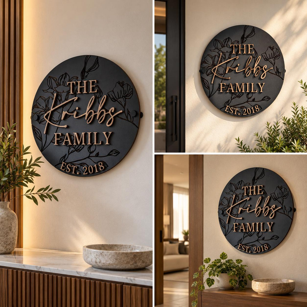 Custom circular family wall decor featuring raised gold-style lettering, a family surname and establishment year, styled in a contemporary interior.