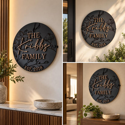 Custom circular family wall decor featuring raised gold-style lettering, a family surname and establishment year, styled in a contemporary interior.