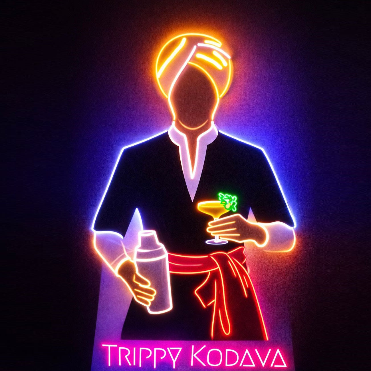 Personalized Neon Name Sign | Custom LED Neon Light for Wedding & Birthday Gifts Neon silhouette of a person holding drinks with 'Trippy Kodava' branding.