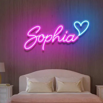 Personalized Neon Sign Light for Names & Logos | Custom Wedding Decor Neon sign with the name 'Sophia' and a heart on a bedroom wall.