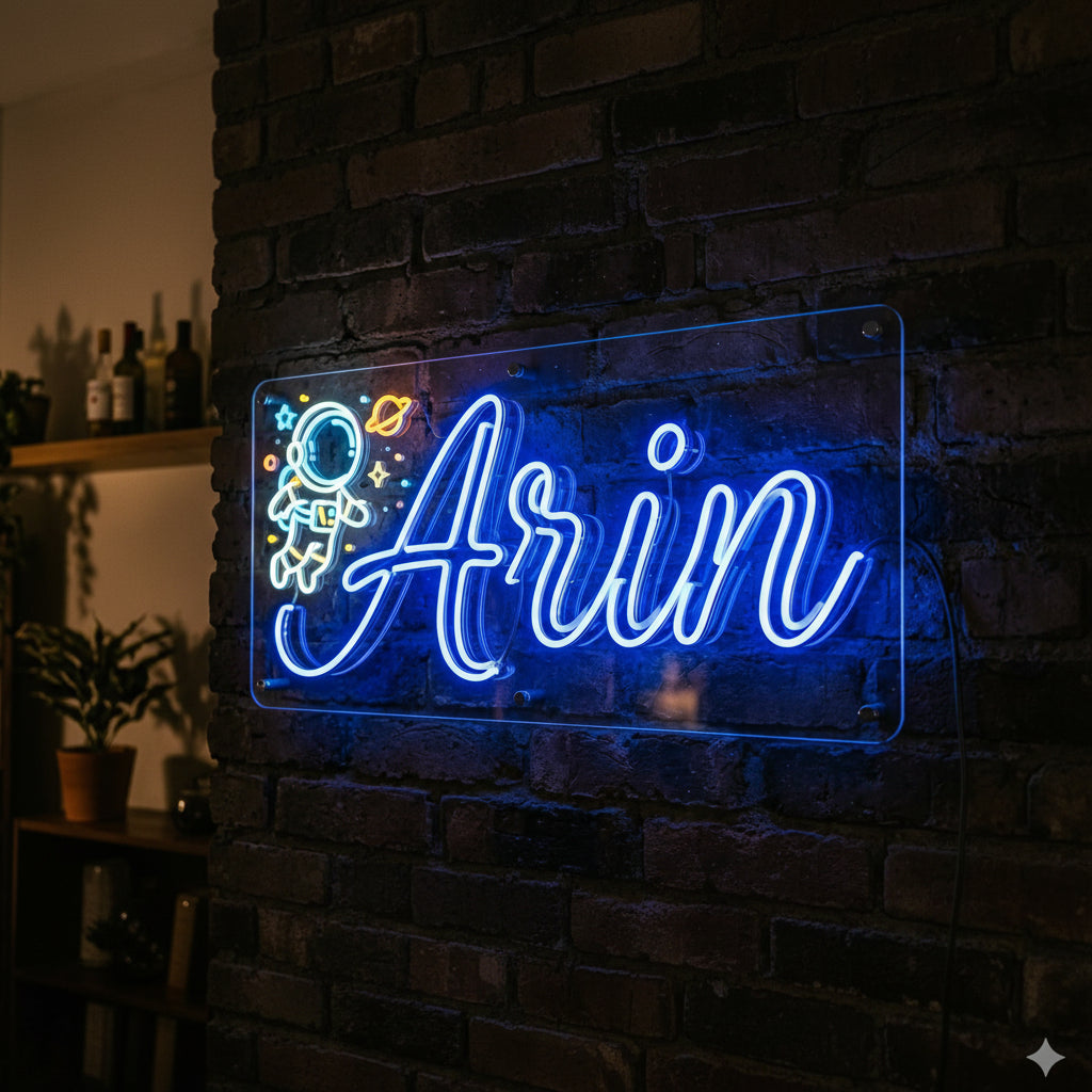 Custom name LED neon wall sign with astronaut design for children's room, playroom and baby nursery