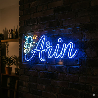 Custom name LED neon wall sign with astronaut design for children's room, playroom and baby nursery