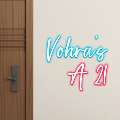 Custom glowing neon name board with family name and house number for modern door decor