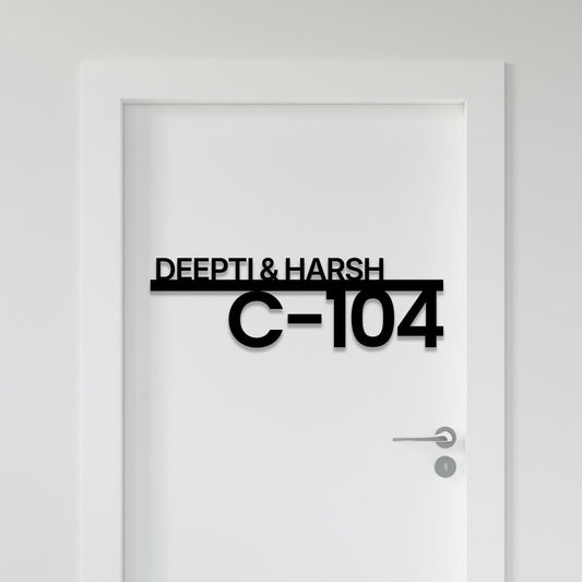 Modern black acrylic door name plate featuring custom names and apartment number for home and office
