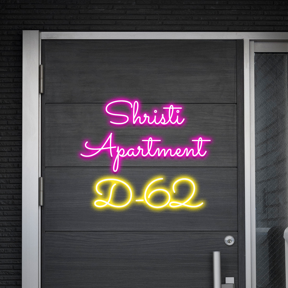 Custom glowing apartment name sign with pink lettering and yellow number for door decor