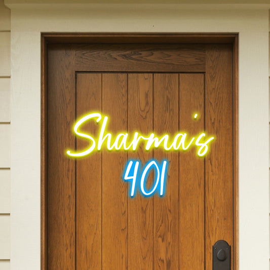 Custom glowing neon house name sign with family name and number for modern door decor