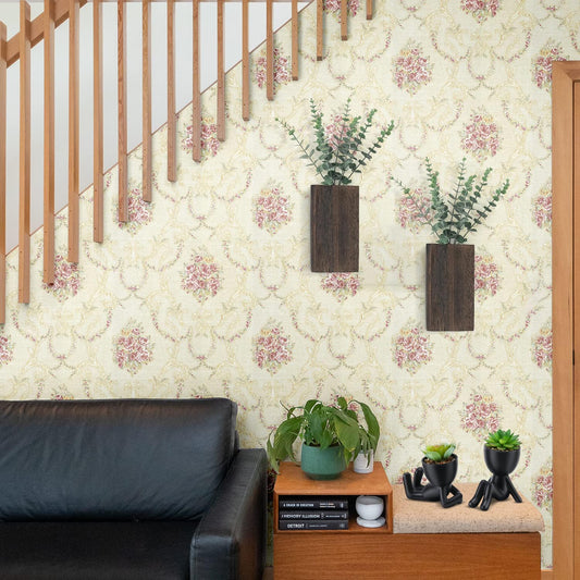 Peel and Stick Wallpaper, Self Adhesive DIY Wall Sticker for Bedroom Hall Living Room Kitchen Home & Office, PVC Coated & Waterproof Surface Scratch Resistant – 45 x 300cm Living room with floral wallpaper, pink and decorative plants.