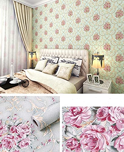 Pink Flowers Self-Adhesive Wallpaper Peel and Stick Decorative Damask Design Wall Covering 45cm X 3Mtr (PVC, Roll 14.5 Sqft) Bedroom with floral wallpaper and close-up of floral patterns.