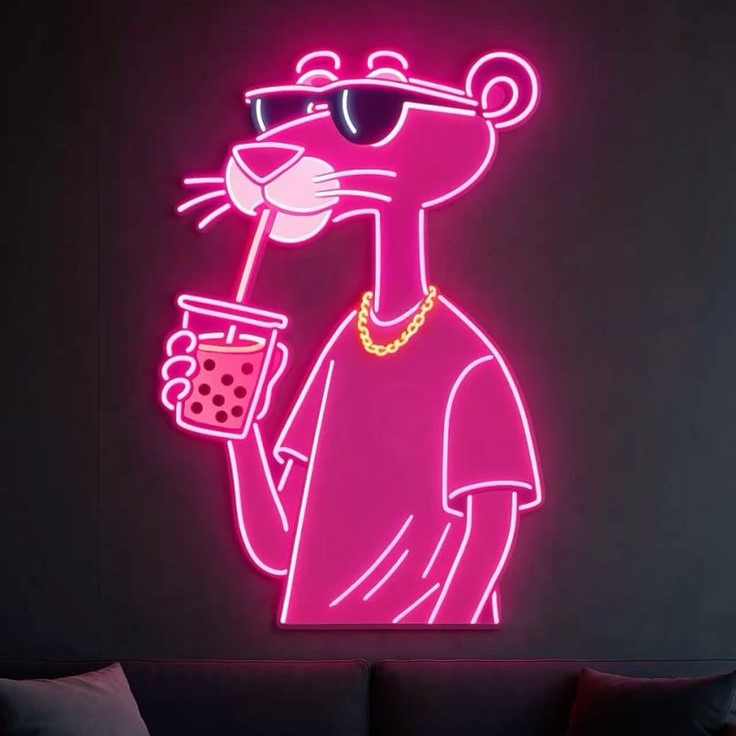 Pink Panther Bubble Neon Sign | Custom Neon Sign | Neon for Room Decor Neon sign of a pink panther holding a drink with a dark background