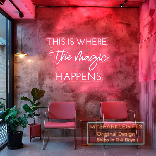 Pink This is Where The Magic Happen Neon art sign LED strip Custom Neon Sign Customized Neon Light Wall Decor Gifting Neon Sign Ideas Led Neon Light Sign For Wall Decors, Customized Neon Light Sign Neon Decorative Idea Creative Ideas for Neon Light Business Neon Light
