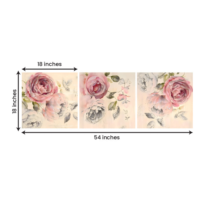 Pink and grey rose canvas wall decor panels for living room bedroom
