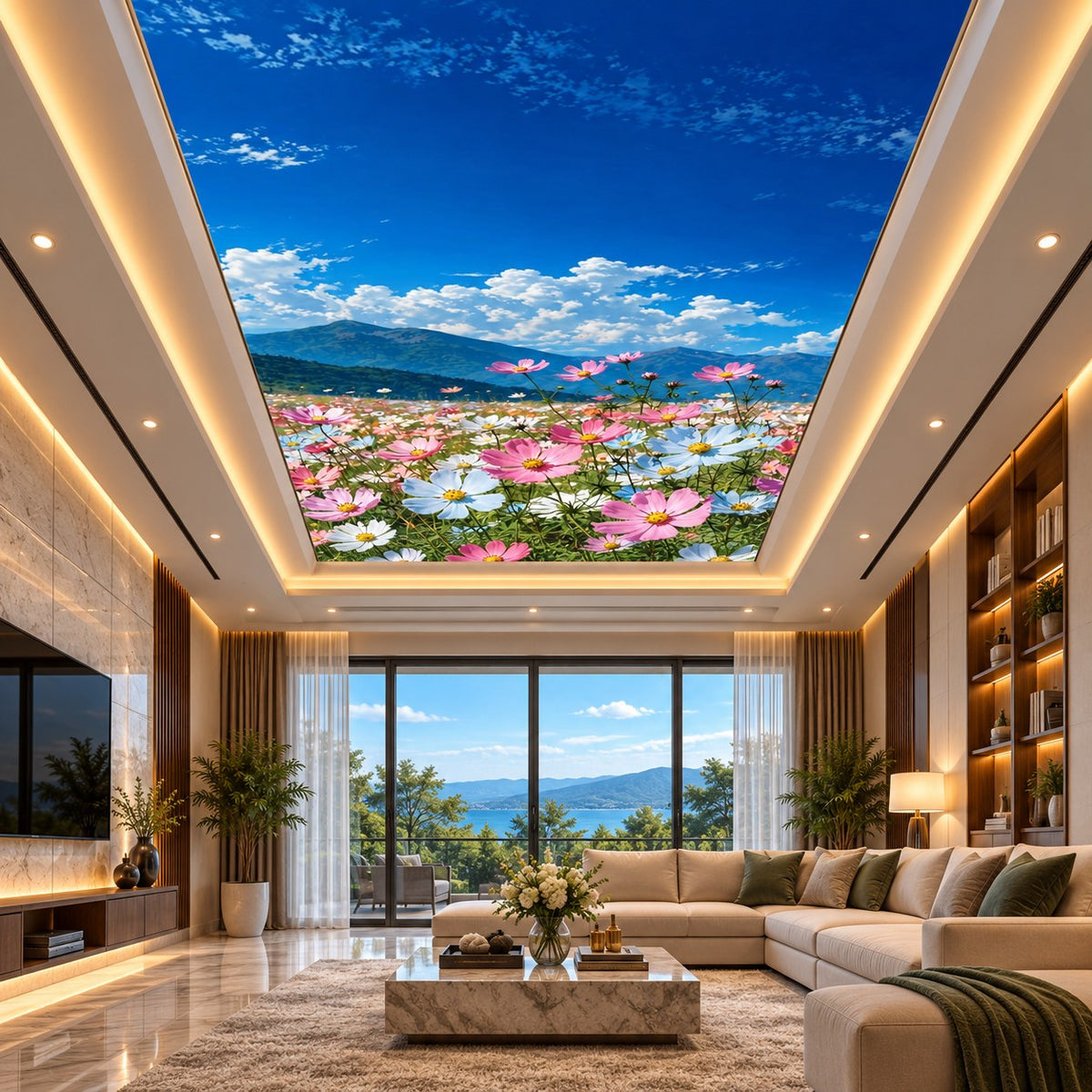 Recessed illuminated false ceiling featuring colourful wildflowers and distant mountains above a living room