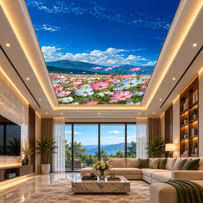 Recessed illuminated false ceiling featuring colourful wildflowers and distant mountains above a living room