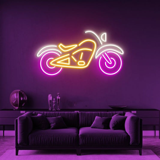 Colorful motorcycle neon wall sign with pink wheels and yellow frame