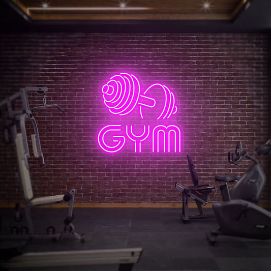 Pink gym neon wall sign with dumbbell design for fitness room and home gym decor