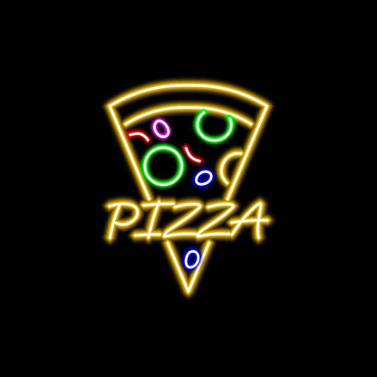 Pizza Cut Neon Sign | Custom Neon Sign | Neon for Restaurant, Cafe Neon sign shaped like a pizza slice with the word 'PIZZA' on a black background