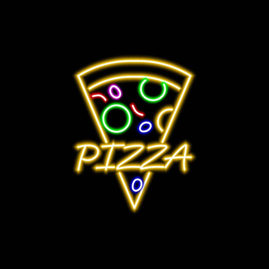 Pizza Cut Neon Sign | Custom Neon Sign | Neon for Restaurant, Cafe Neon sign shaped like a pizza slice with the word 'PIZZA' on a black background