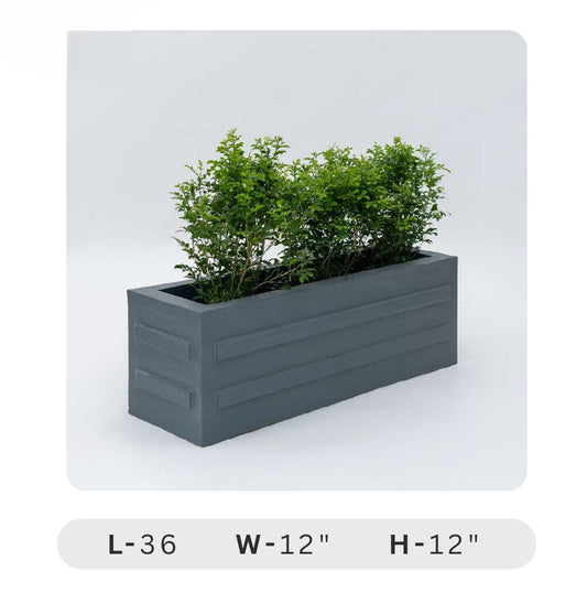 Planters Pots for Decors, Giftings | FRP Pots and Planets for Office Decors Gray rectangular planter with green plants on a white background