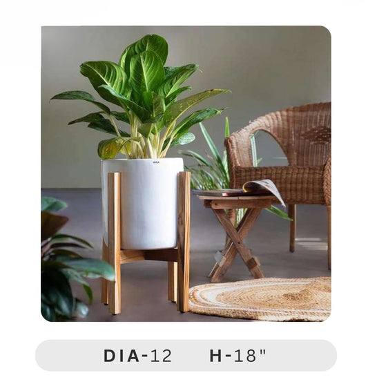 Planters Pots for Decors, Giftings | FRP Pots and Planets for Office Decors White planter with green plant on a wooden stand next to a wicker chair.